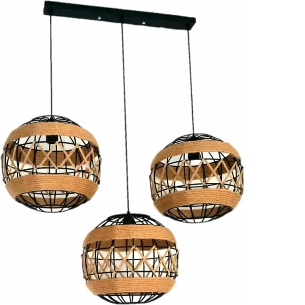 Φωτιστικό κρεμαστό οροφής τριπλό σε σχήμα μπάλας σε μαύρο χρώμα και σκοινί σε φυσικό χρώμα R60 ROBOLIA3