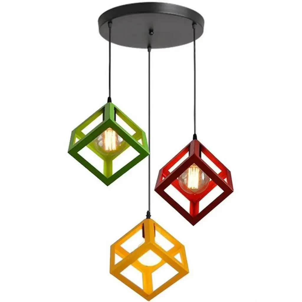 Κρεμαστό φωτιστικό οροφής τριπλό τετράγωνο ρόμβος μεταλλικό σε κόκκινο πράσινο και μπλε χρώμα C30